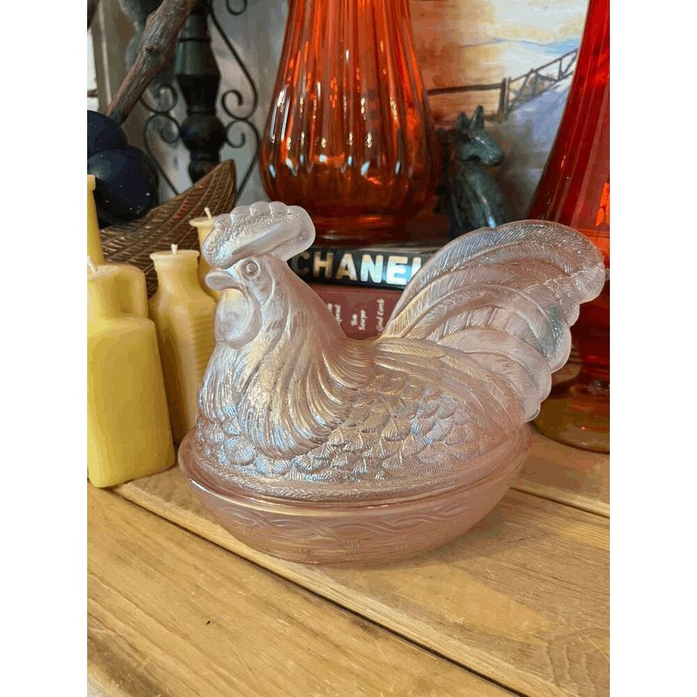 Fenton Iridescent Pink Carnival Rooster on Nest Covered Dish Vintage Glass